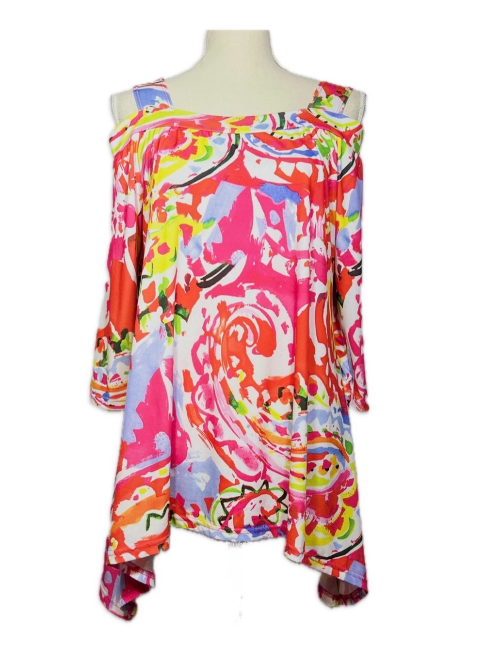 Pleats Collection Cold Shoulder Tunic Top M Multicolor Abstract Shark Bite Hem M